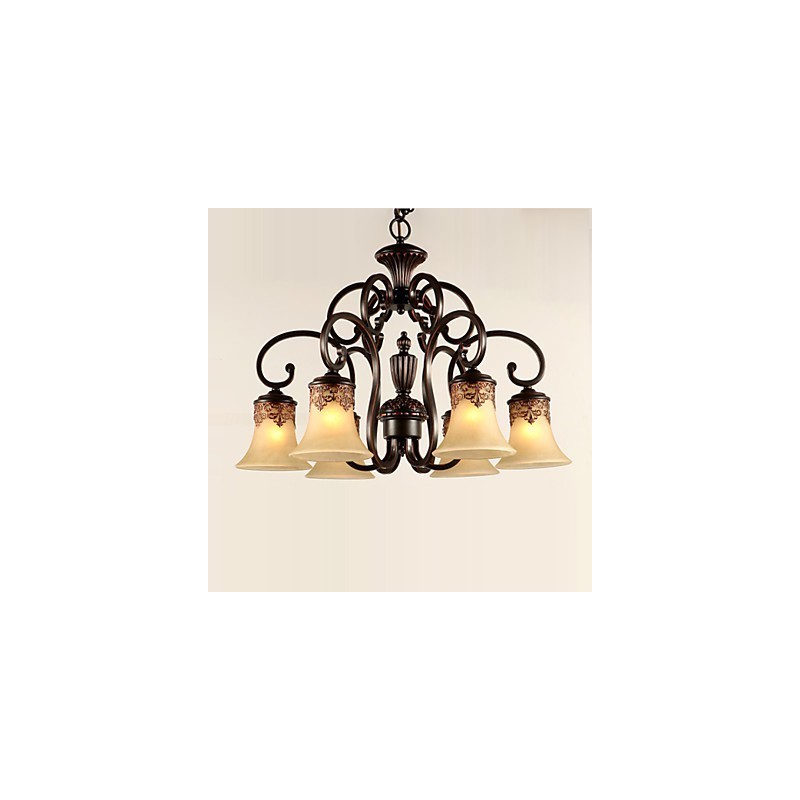 Lustre suspendu 6 lumières, abat-jour vers le bas, style vintage, style campagne, métal et verre