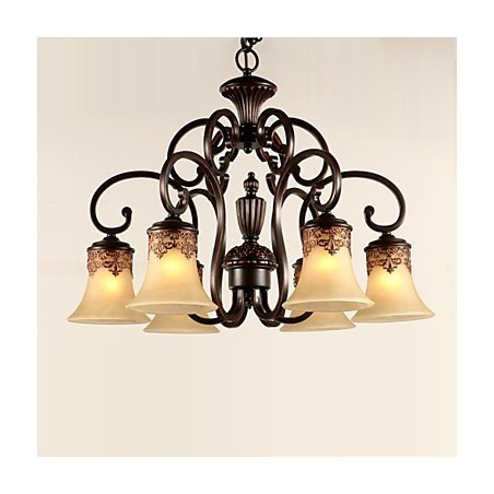 Lustre suspendu 6 lumières, abat-jour vers le bas, style vintage, style campagne, métal et verre Lustre suspendu 6 lumières, abat-jour vers le bas, style vintage, style campagne, métal et verre