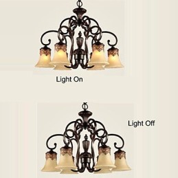 Lustre suspendu 6 lumières, abat-jour vers le bas, style vintage, style campagne, métal et verre