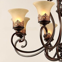 Lustre suspendu 6 lumières, abat-jour vers le bas, style vintage, style campagne, métal et verre