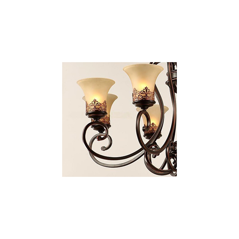 Lustre suspendu 6 lumières, abat-jour vers le bas, style vintage, style campagne, métal et verre
