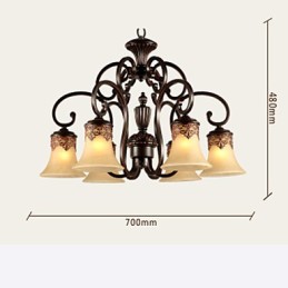 Lustre suspendu 6 lumières, abat-jour vers le bas, style vintage, style campagne, métal et verre