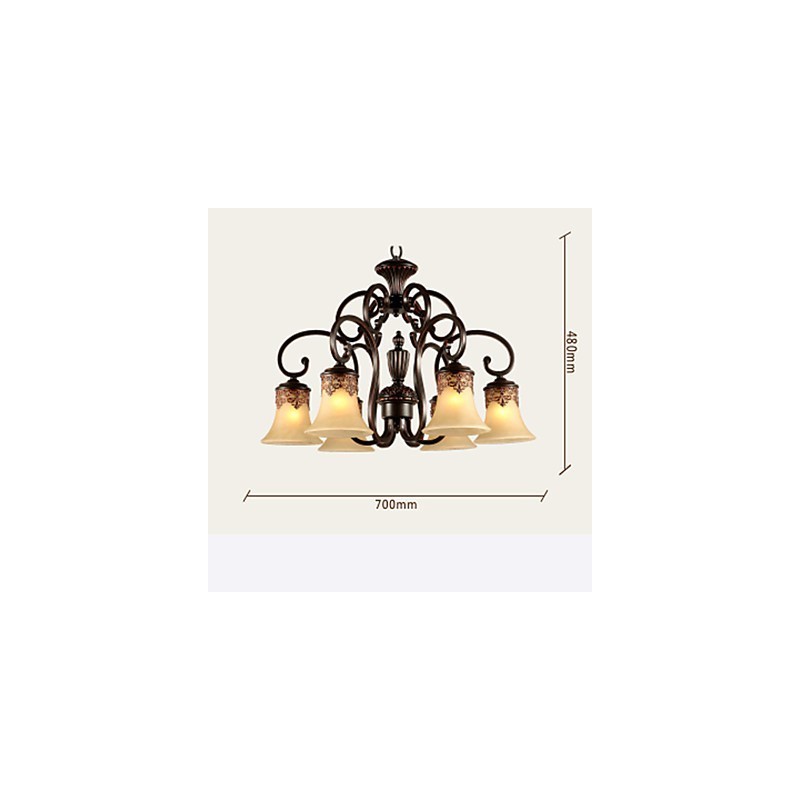 Lustre suspendu 6 lumières, abat-jour vers le bas, style vintage, style campagne, métal et verre