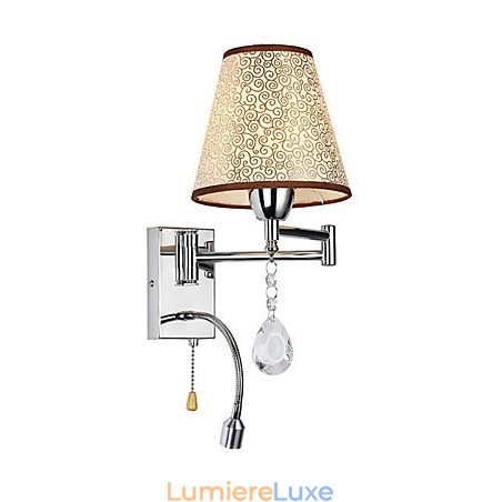 Applique murale pour chambre à coucher, lampe de lecture, lampe en tissu, moderne, contemporaine, style campagnard, avec bras pivotant en cristal Applique murale pour chambre à coucher, lampe de lecture, lampe en tissu, moderne, contemporaine, style campagnard, avec bras pivotant en cristal