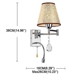 Applique murale pour chambre à coucher, lampe de lecture, lampe en tissu, moderne, contemporaine, style campagnard, avec bras pivotant en cristal