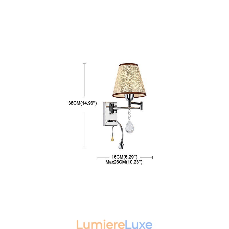 Applique murale pour chambre à coucher, lampe de lecture, lampe en tissu, moderne, contemporaine, style campagnard, avec bras pivotant en cristal