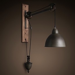 Applique murale de style country américain rétro créative Lampe murale à poulie en bois