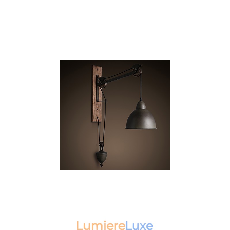 Applique murale de style country américain rétro créative Lampe murale à poulie en bois