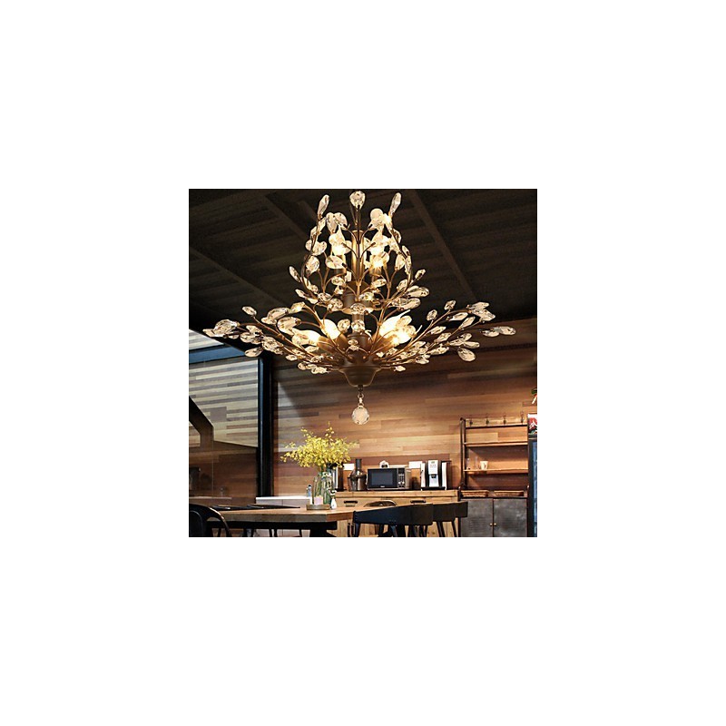 Plafonnier vintage en cristal 8 lumières, peinture métal noir ou doré