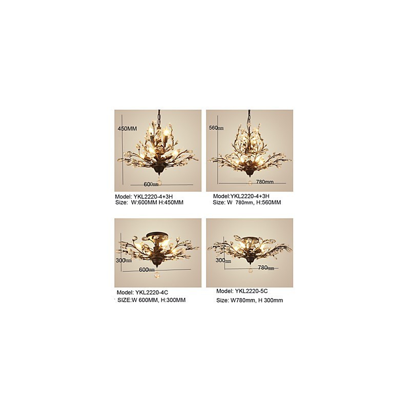 Plafonnier vintage en cristal 8 lumières, peinture métal noir ou doré