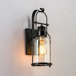 Applique murale rétro industrielle à 1 lumière avec lanterne en verre transparent