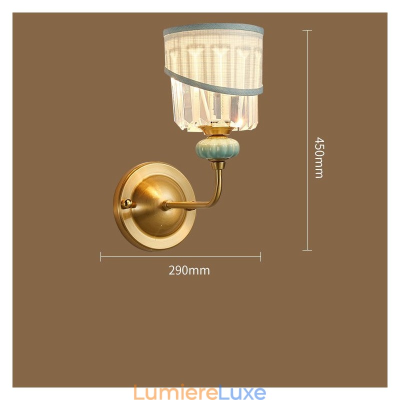 Applique murale luxueuse en laiton pur, style rustique, rétro, vintage, en céramique, 1 lumière, avec tissu et abat-jour en cristal, idéale pour un hôtel, un bureau, une salle d'exposition, un salon, une salle à manger