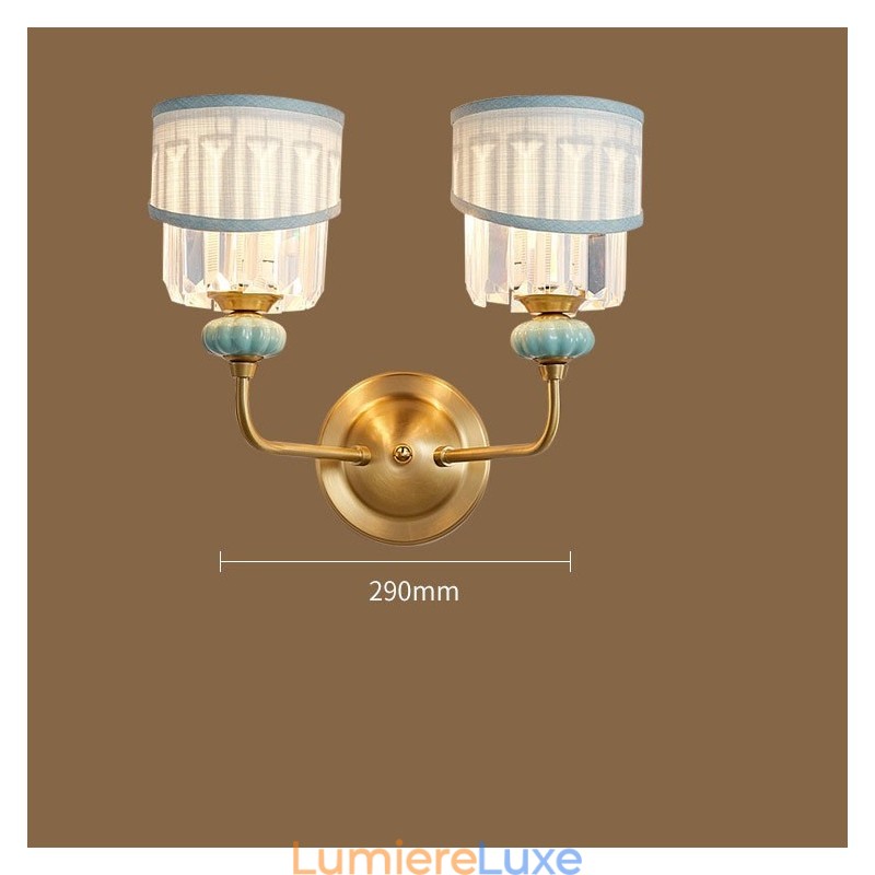 Applique murale luxueuse en laiton pur, style rustique, rétro, vintage, en céramique, 2 lumières, avec abat-jour en tissu et cristal, idéale pour un hôtel, un bureau, une salle d'exposition, un salon ou une salle à manger.