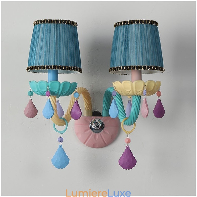 Applique murale rétro Macaron à 2 lumières en cristal multicolore pour chambre d'enfant