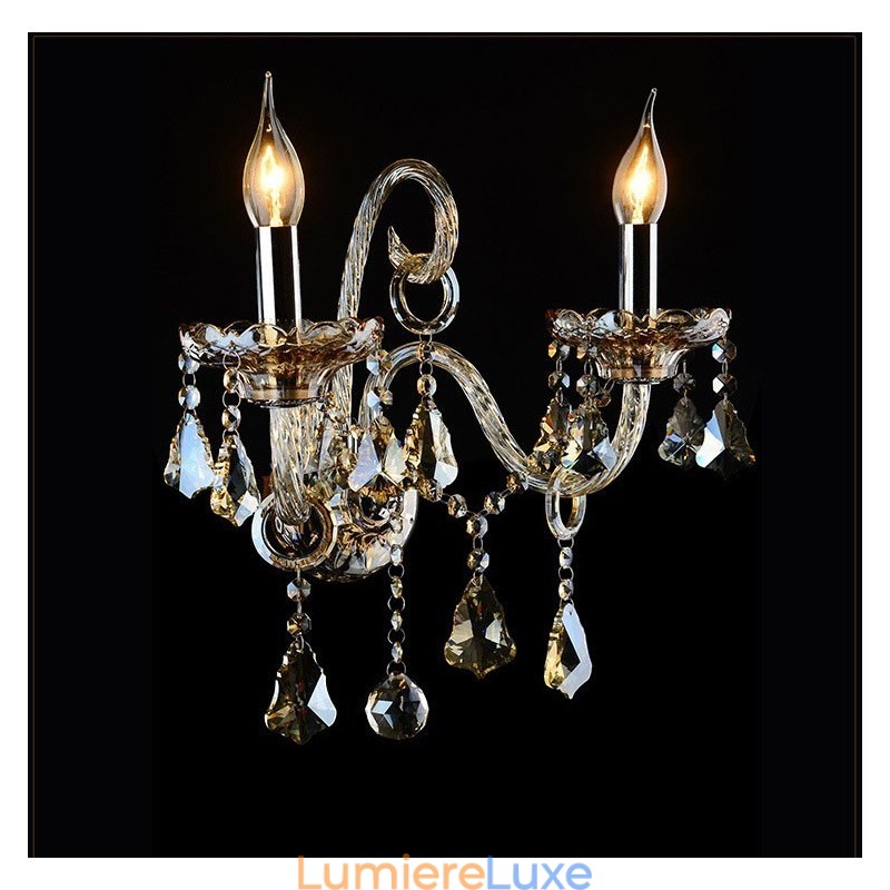 Applique murale rétro en verre cristal K9 à 2 ampoules assorties, couleur cognac