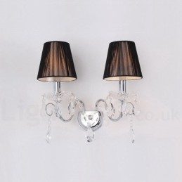 Applique murale rétro à 2 lampes en cristal K9 chromé argenté avec abat-jour en tissu noir