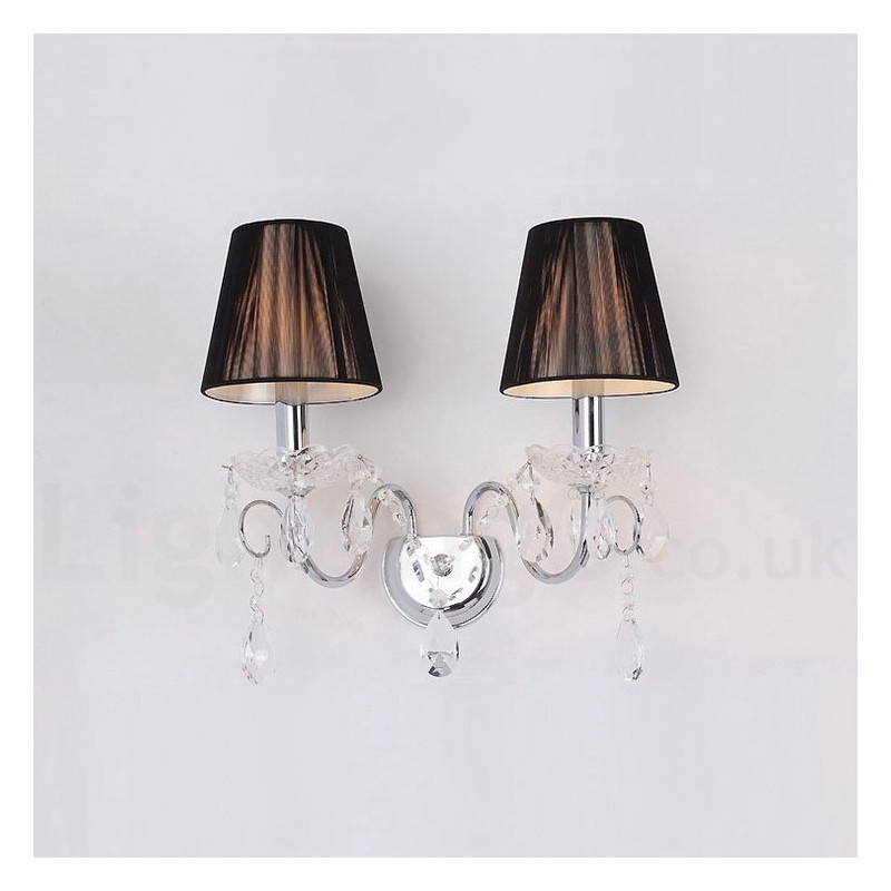 Applique murale rétro à 2 lampes en cristal K9 chromé argenté avec abat-jour en tissu noir
