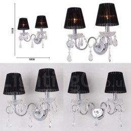 Applique murale rétro à 2 lampes en cristal K9 chromé argenté avec abat-jour en tissu noir