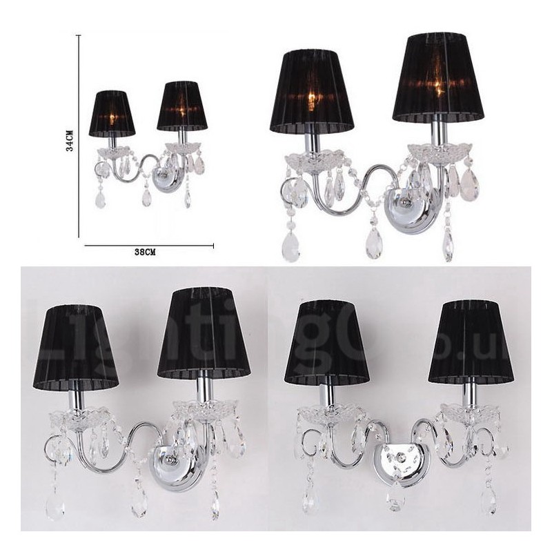 Applique murale rétro à 2 lampes en cristal K9 chromé argenté avec abat-jour en tissu noir