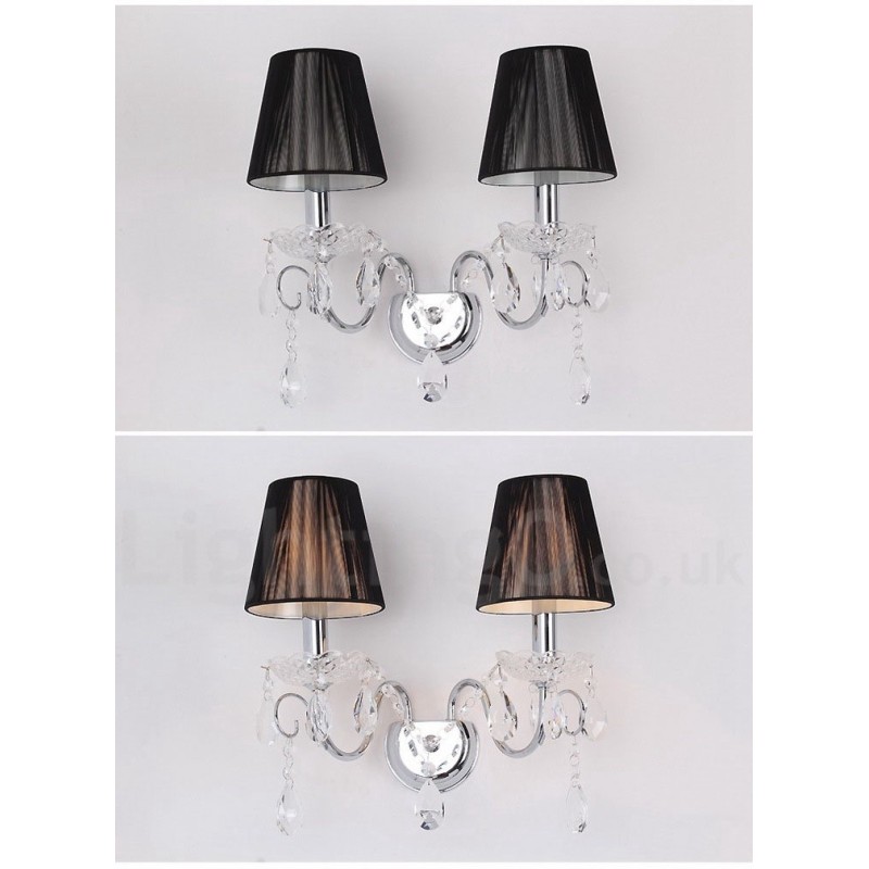 Applique murale rétro à 2 lampes en cristal K9 chromé argenté avec abat-jour en tissu noir