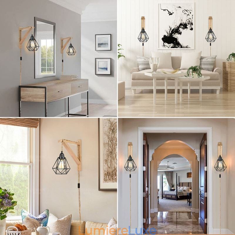 Applique murale rétro américaine 2,5 m, corde de chanvre, fil de suspension, abat-jour en fer noir peint