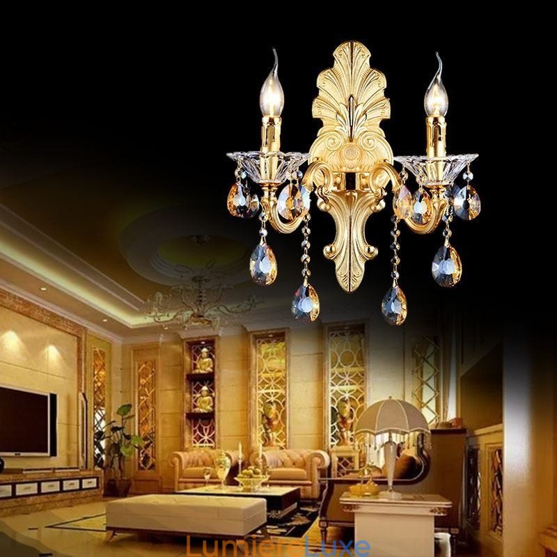 Applique murale européenne luxueuse en cristal, lampe décorative, éclairage de chevet