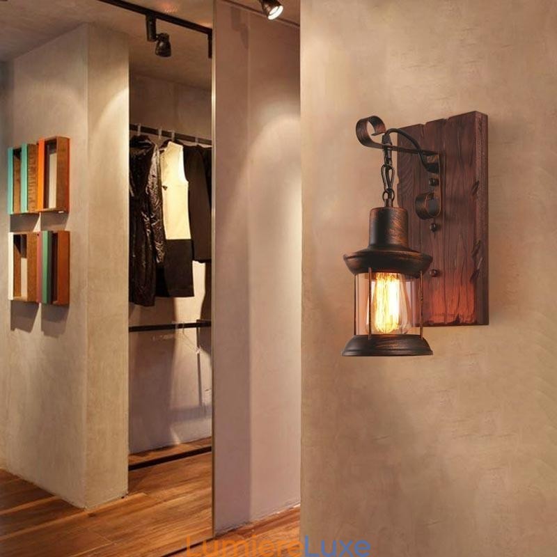 Applique murale américaine vintage industrielle LOFT en bois massif et verre