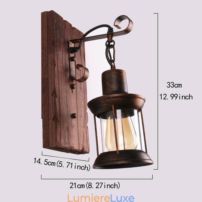 Applique murale américaine vintage industrielle LOFT en bois massif et verre