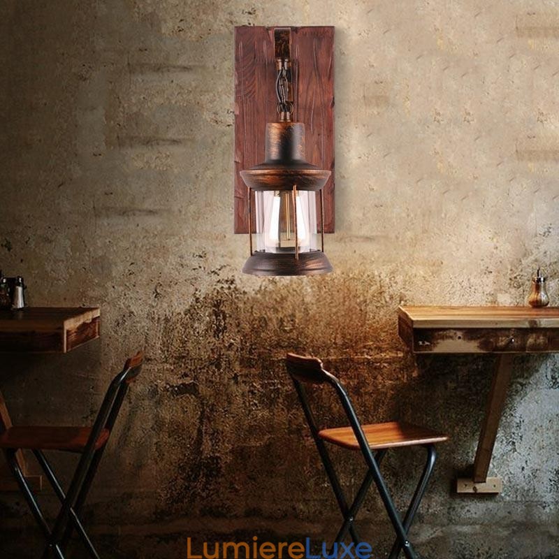 Applique murale américaine vintage industrielle LOFT en bois massif et verre