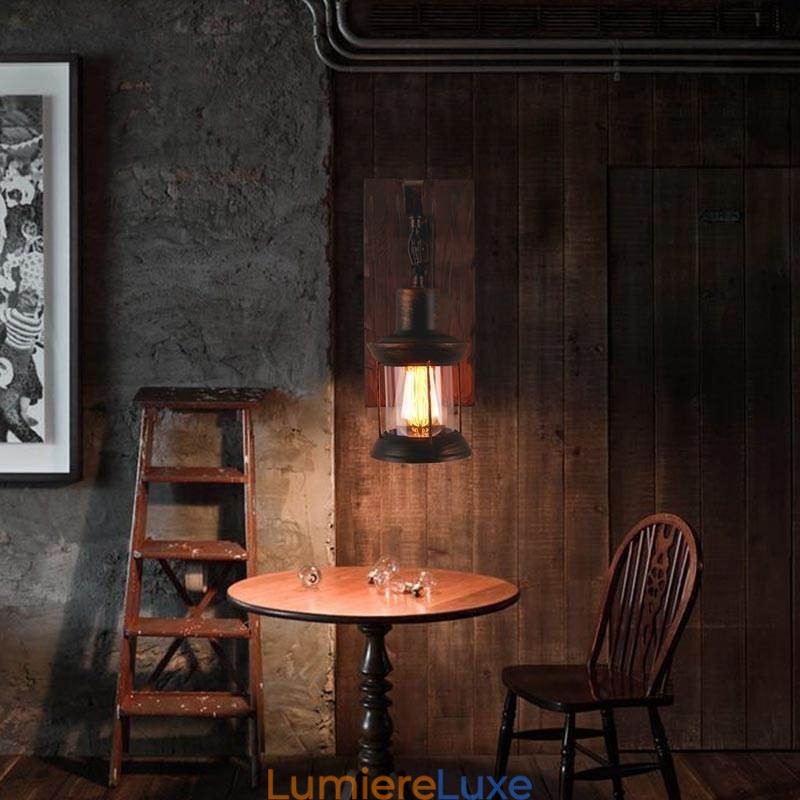 Applique murale américaine vintage industrielle LOFT en bois massif et verre