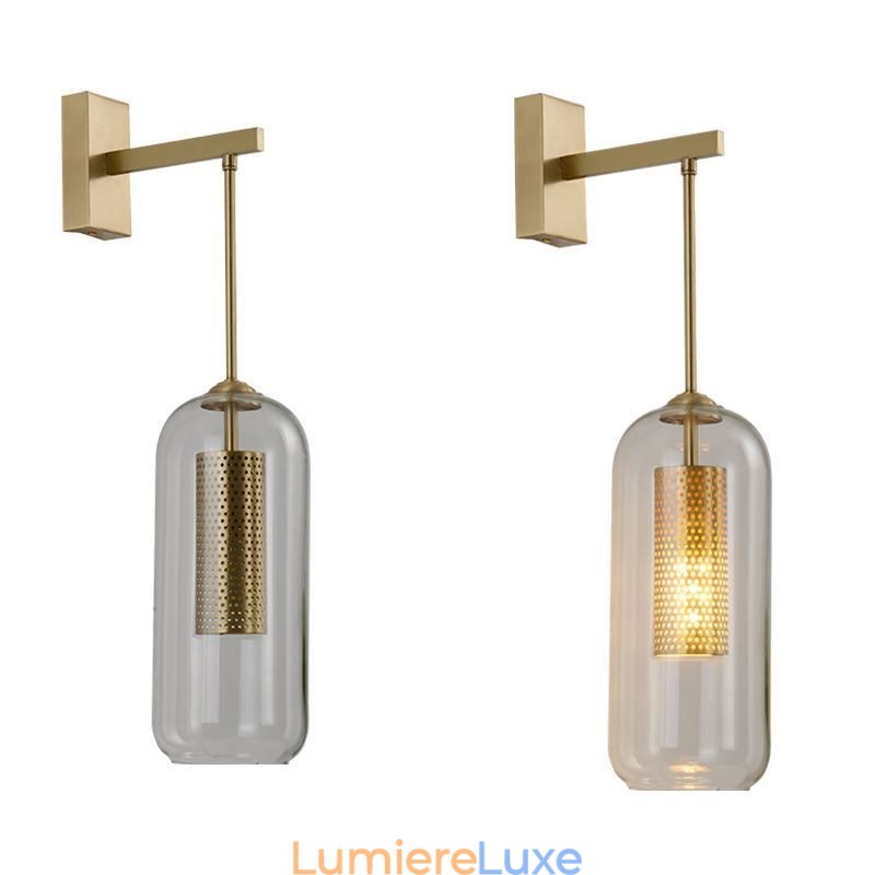 Applique murale nordique en laiton avec abat-jour cylindrique en verre creux