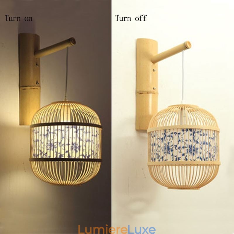 Applique murale design cage, suspension créative en bambou, luminaire décoratif de chevet