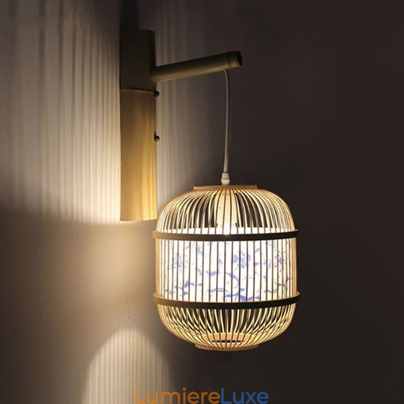 Applique murale design cage, suspension créative en bambou, luminaire décoratif de chevet