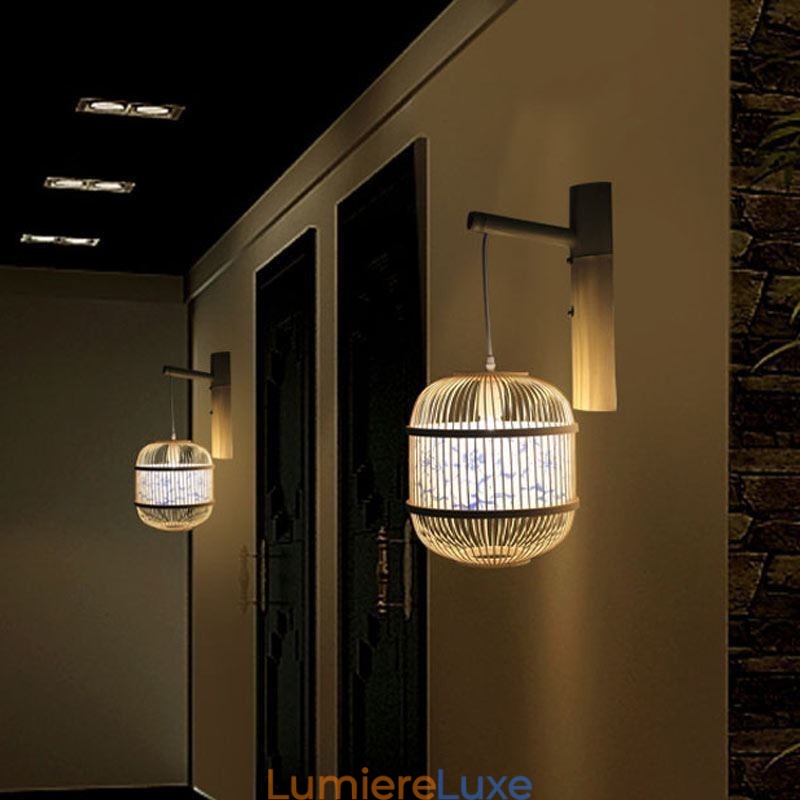 Applique murale design cage, suspension créative en bambou, luminaire décoratif de chevet