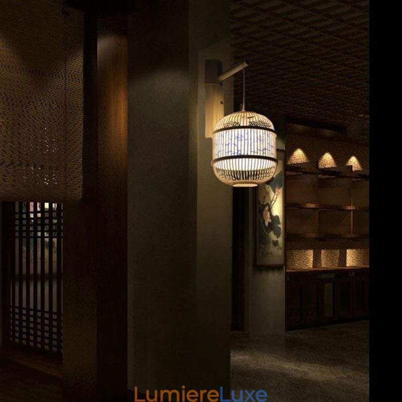 Applique murale design cage, suspension créative en bambou, luminaire décoratif de chevet