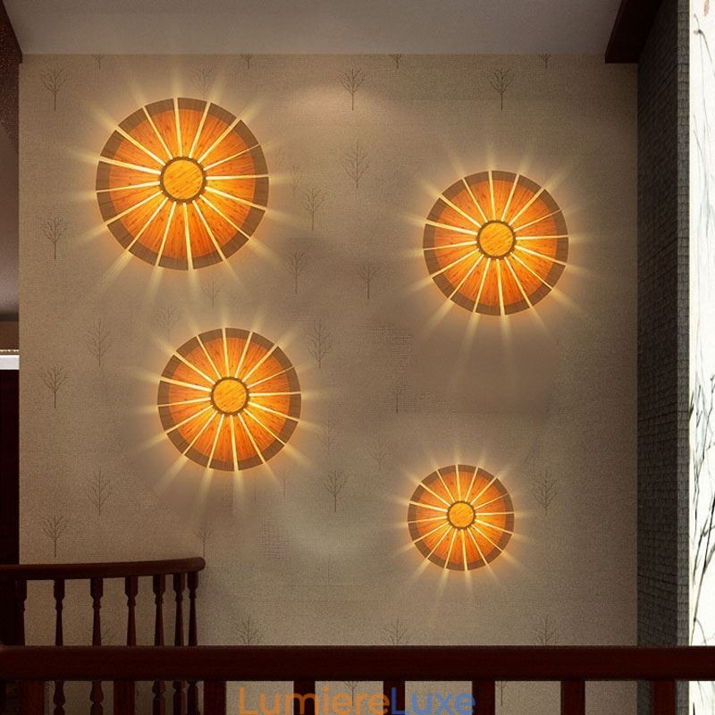 Applique murale ronde en bambou à fleurs, luminaire décoratif unique et créatif