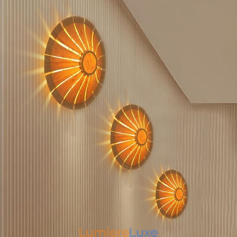 Applique murale ronde en bambou à fleurs, luminaire décoratif unique et créatif