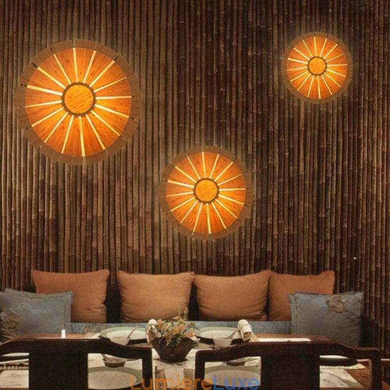 Applique murale ronde en bambou à fleurs, luminaire décoratif unique et créatif