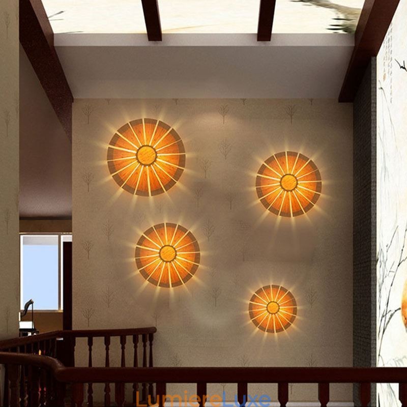 Applique murale ronde en bambou à fleurs, luminaire décoratif unique et créatif