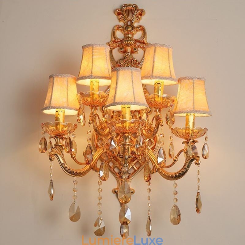 Applique murale européenne de luxe en cristal, alliage de zinc, cinq lumières, pour allée