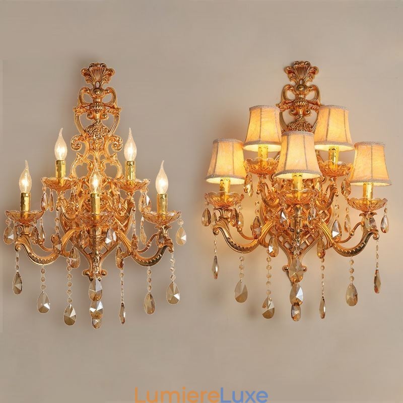 Applique murale européenne de luxe en cristal, alliage de zinc, cinq lumières, pour allée