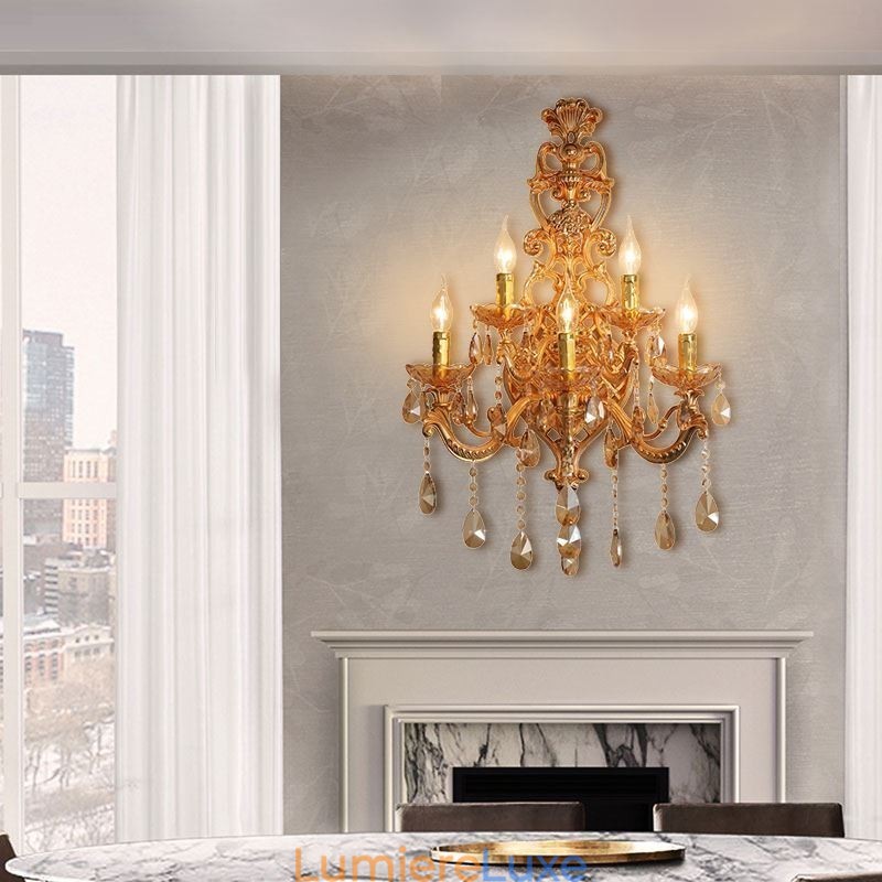 Applique murale européenne de luxe en cristal, alliage de zinc, cinq lumières, pour allée