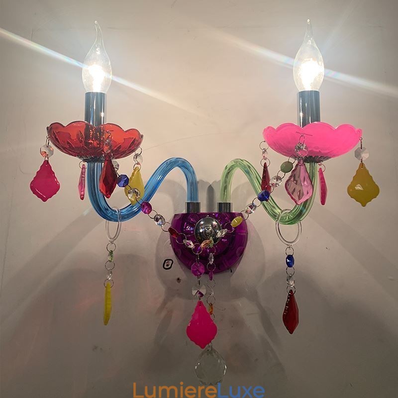 Applique murale européenne à deux lumières en cristal coloré pour allée