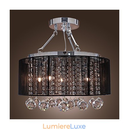 Plafonnier moderne en cristal avec abat-jour en tissu noir à 5 lumières Plafonnier moderne en cristal avec abat-jour en tissu noir à 5 lumières