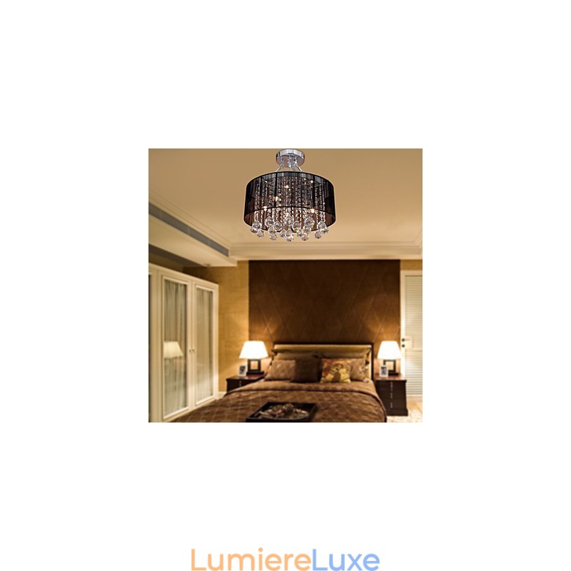 Plafonnier moderne en cristal avec abat-jour en tissu noir à 5 lumières