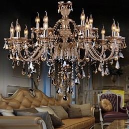 Lustre en cristal couleur cognac de luxe moderne à 2 niveaux, 15 lumières
