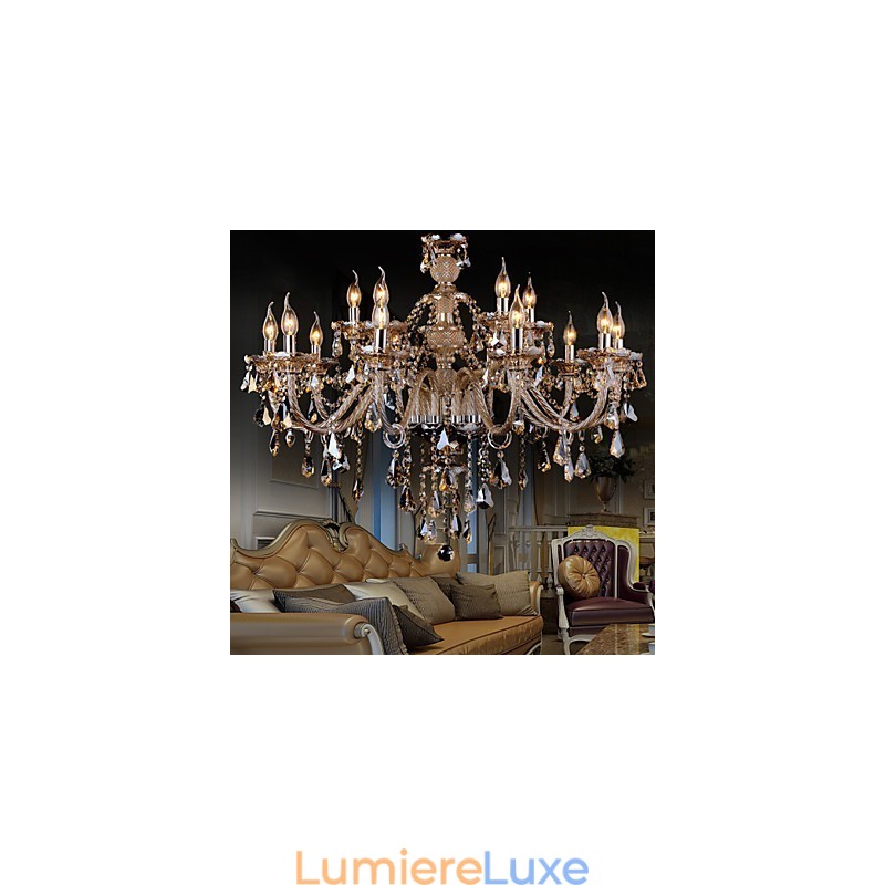 Lustre en cristal couleur cognac de luxe moderne à 2 niveaux, 15 lumières