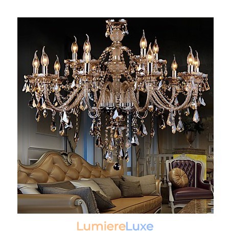 Lustre en cristal couleur cognac de luxe moderne à 2 niveaux, 15 lumières Lustre en cristal couleur cognac de luxe moderne à 2 niveaux, 15 lumières