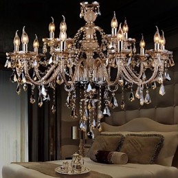 Lustre en cristal couleur cognac de luxe moderne à 2 niveaux, 15 lumières