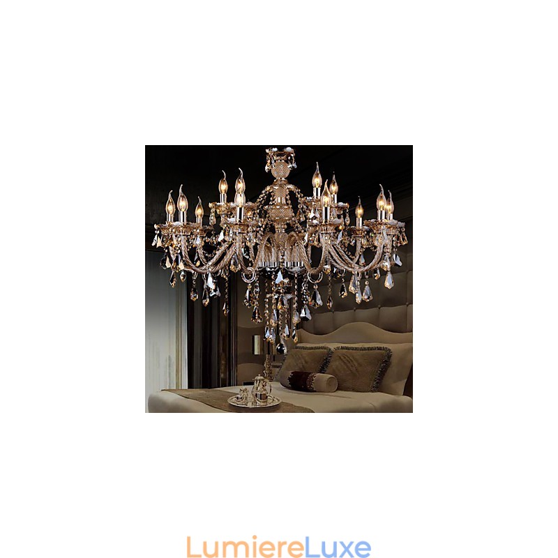 Lustre en cristal couleur cognac de luxe moderne à 2 niveaux, 15 lumières
